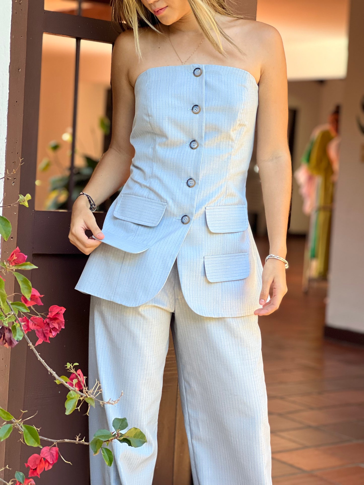 Set de Pantalón y Blusa Strapless Lino Strech